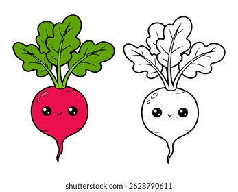 Illustration mignonne de radis de dessin animé, une couleur rouge avec des feuilles vertes et une en noir et blanc pour la coloration. Dessin simple de légumes avec face kawaii. Nourriture saine.