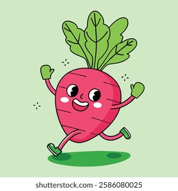 A cute cartoon radish with a smiling face and a worm in a fun and healthy illustration with bright colors