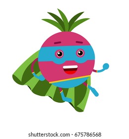 Cute cartoon radish superhero in mask and green cape, colorful humanized vegetable character vector Illustration