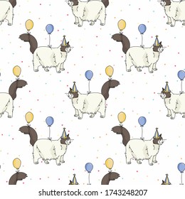 Cute cartoon Ragdoll cat face with party hat seamless vector pattern. Pedigree kitty breed domestic kitten background. Cat lover celebration all over print. Feline EPS 10.