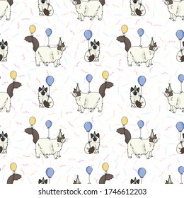 Cute cartoon Ragdoll cat and kitten with party hat seamless vector pattern. Pedigree kitty breed domestic background. Cat lover celebration all over print. Feline EPS 10.