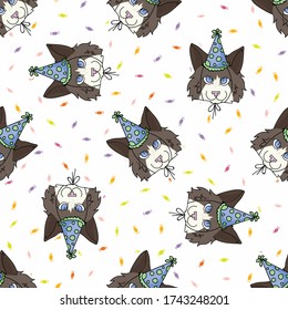 Cute cartoon Ragdoll cat with party hat seamless vector pattern. Pedigree kitty breed domestic kitten background. Cat lover celebration all over print. Feline EPS 10.