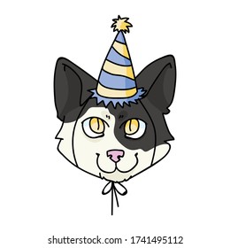 Cute cartoon ragdoll kitten face with party hat vector clipart. Pedigree kitty breed for cat lovers. Celebration cat for pet parlor illustration mascot. Isolated feline housecat. EPS 10.