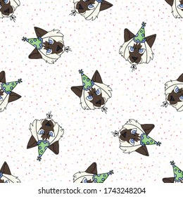 Cute cartoon Ragdoll kitten face with party hat seamless vector pattern. Pedigree kitty breed domestic cat background. Cat lover celebration all over print. Feline EPS 10.