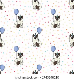 Cute cartoon Ragdoll kitten with party hat seamless vector pattern. Pedigree kitty breed domestic cat background. Cat lover celebration all over print. Feline EPS 10.