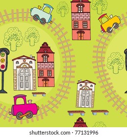 cute cartoon railway. seamless pattern