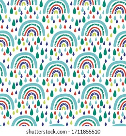 Cute Cartoon Regen und Regenbogen im flachen Stil nahtlos Muster. Kinderartiger Himmel und Wetterhintergrund. Umhüllungspapier, Textil, Unendlichkeitskarte. Vektorillustration. 