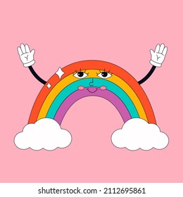 Cute Cartoon Regenbogenfigur mit Wolken. Hippie, Psychedelic, Groove, Retro und Vintage Stil Element. Vektorgrafik