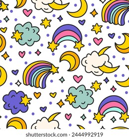 Cute Cartoon Rainbow Clouds and Moon Seamless Pattern. Starry Rainbow Sky. Kids Birthday And Baby Shower Vector Background