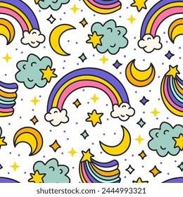 Cute Cartoon Rainbow Clouds and Moon Seamless Pattern. Starry Rainbow Sky. Kids Birthday And Baby Shower Vector Background