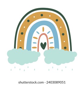 El arcoiris de dibujos animados con nubes, gota de gotas de lluvia, corazones y puntos para niñas y niños aislados con fondo blanco. arcoíris en colores pastel para los niños vivero, tela, envoltura, vestimenta. Vector