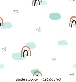 Cute cartoon rainbow and clouds in the sky seamless pattern on white background. Vector simple hand drawn illustration for kids