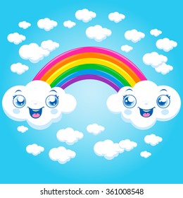 Cute cartoon rainbow and clouds in the sky. Vector illustration