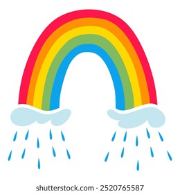 Cute cartoon rainbow with drops and sky. Printable poster for kids. Design for decoration children room interior. Vector illustration isolated on white background