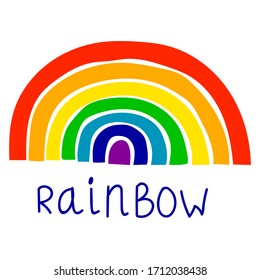 Cute cartoon rainbow in flat style. Childlike card with colorful arches isolated on white background. Vector illustration.  
