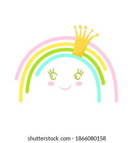 Cute cartoon rainbow illustration with a crown. Funny childish character.