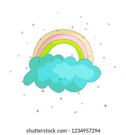Cute cartoon rainbow on blue cloud icon. Colored funny rainbow and cloud with decoration on background. Cartoon blue cloud with colored rainbow.