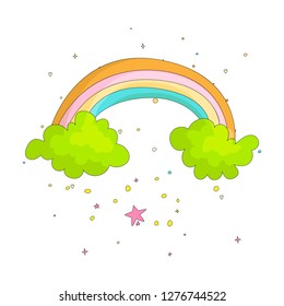 Cute cartoon rainbow on two green clouds icon. Colored funny rainbow and two clouds with decoration on white background. Cartoon green clouds and star with colored rainbow.