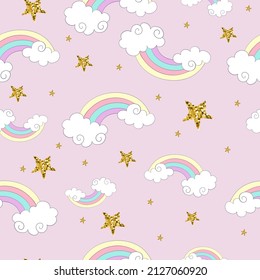 Cute cartoon rainbow in pastel colors and golden sparkle stars isolated on pink background. Seamless pattern. For print, wrapping paper, linen, design and decor. Vector illustration.