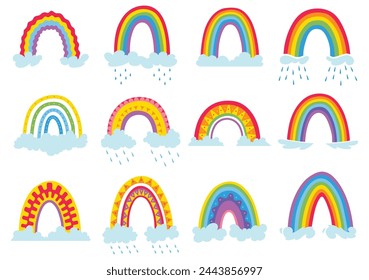 Cute cartoon rainbow set with drops and sky. Printable poster for kids. Design for decoration children room interior. Vector illustration isolated on white background