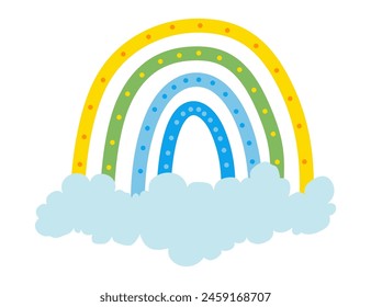 Netter Cartoon Regenbogen mit Himmel. Druckbares Poster für Kinder. Design für Dekoration Kinderzimmer Interieur. Vektorillustration isoliert auf weißem Hintergrund