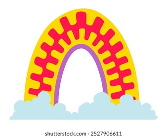 Bela animação de arco-íris com céu. Cartaz imprimível para crianças. Design para decoração de crianças quarto interior. Ilustração vetorial isolada no plano de fundo branco