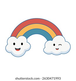 Cute Cartoon Rainbow with Smiling Clouds Illustration