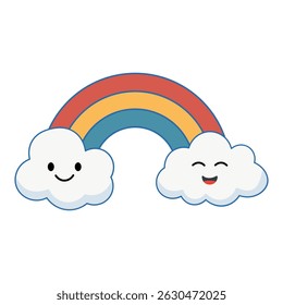 Cute Cartoon Rainbow with Smiling Clouds Illustration
