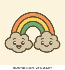 Cute cartoon rainbow with smiling clouds. Fun and colorful weather themed illustration in flat vector style, perfect for kids, stickers, or educational designs.