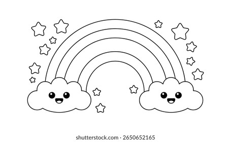 Cute Cartoon Rainbow with Smiling Clouds and Stars, Black and White Outline Vector Illustration for Kids Coloring Book, Education, Weather, and Fun Activities.