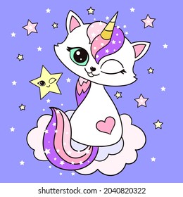 Cute cartoon rainbow unicorn cat. For children's design of prints, posters, stickers, postcards, etc. Vector