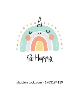 Cute cartoon rainbow Unicorn. Fun print for Baby shower and decor children's bedroom