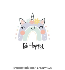 Cute cartoon rainbow Unicorn. Fun print for Baby shower and decor children's bedroom