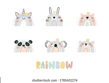 Cute cartoon rainbow Unicorn. Fun print for Baby shower and decor children's bedroom