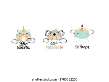 Cute cartoon rainbow Unicorn. Fun print for Baby shower and decor children's bedroom