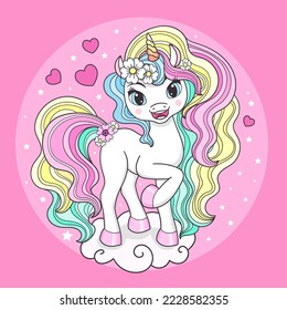 Cute cartoon rainbow unicorn with a long mane on a pink background. The theme of magic and sorcery. For children's design of prints, posters, cards, stickers, badges and so on.Vector