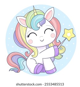 Cute cartoon rainbow unicorn with magic wand. For children's design prints, posters, cards, stickers, etc. Vector illustration