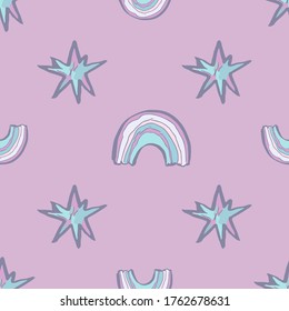Cute cartoon rainbow wallpaper for baby room, greeting card, kids and baby wear hand drawn seamless pattern vector illustration on pink backgroud.
