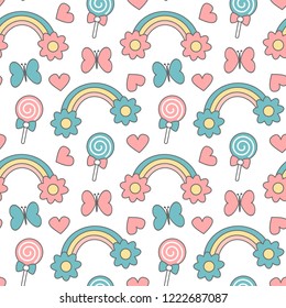 cute cartoon rainbows with daisy flowers, lollipops, hearts and butterflies seamless pattern vector background illustration