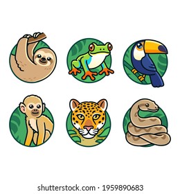 Cute cartoon rainforest animals set  Sloth  tree frog  toco toucan  spider monkey  jaguar   boa constrictor  Jungle wildlife vector illustrations 