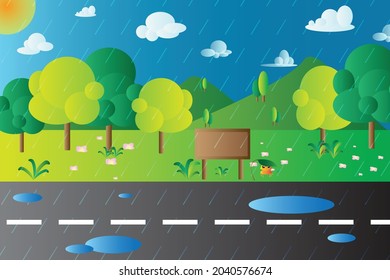 Cute Cartoon Rainy Forest Game Background With Wooden Sign Frog and Road