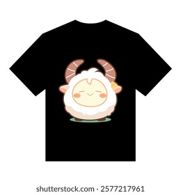 Cute Cartoon Ram Design On Black TShirt