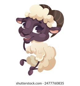 Cute cartoon ram with fluffy wool and brown horns on a white background. Vector illustration
