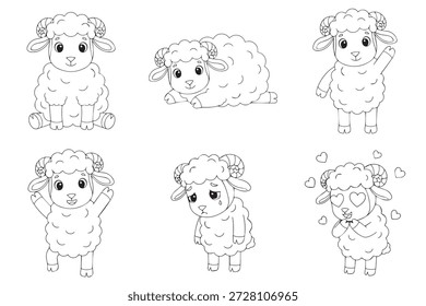 Bonito Cartoon Ram e Ovelha Conjunto de Caracteres com diferentes emoções Line Art Vetor