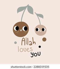Cute cartoon Ramadan postcard for children, cherry mother and kid brochure drawing holy arabic muslim islamic religion. Allah loves you calligraphy