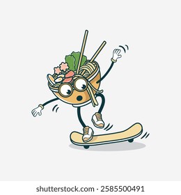 A cute cartoon ramen bowl character with chopsticks, joyfully skateboarding, displaying a fun and energetic personality.