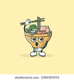 A cute cartoon ramen bowl character uses chopsticks to eat noodles from its own bowl, exhibiting a tired expression.