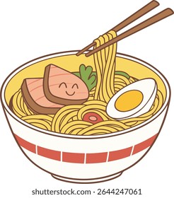 Cute cartoon ramen bowl with chopsticks.
