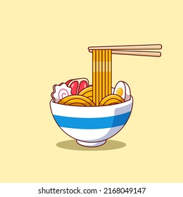 Cute cartoon ramen noodles topped with boiled meat and egg. Asian food cartoon. Vector illustration