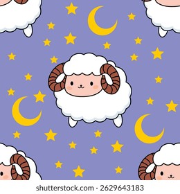 Carneiros bonitos com chifres encaracolados flutuando em um padrão de céu noturno de sonho. O céu está adornado com estrelas amarelas, luas crescente e nuvens fofas.